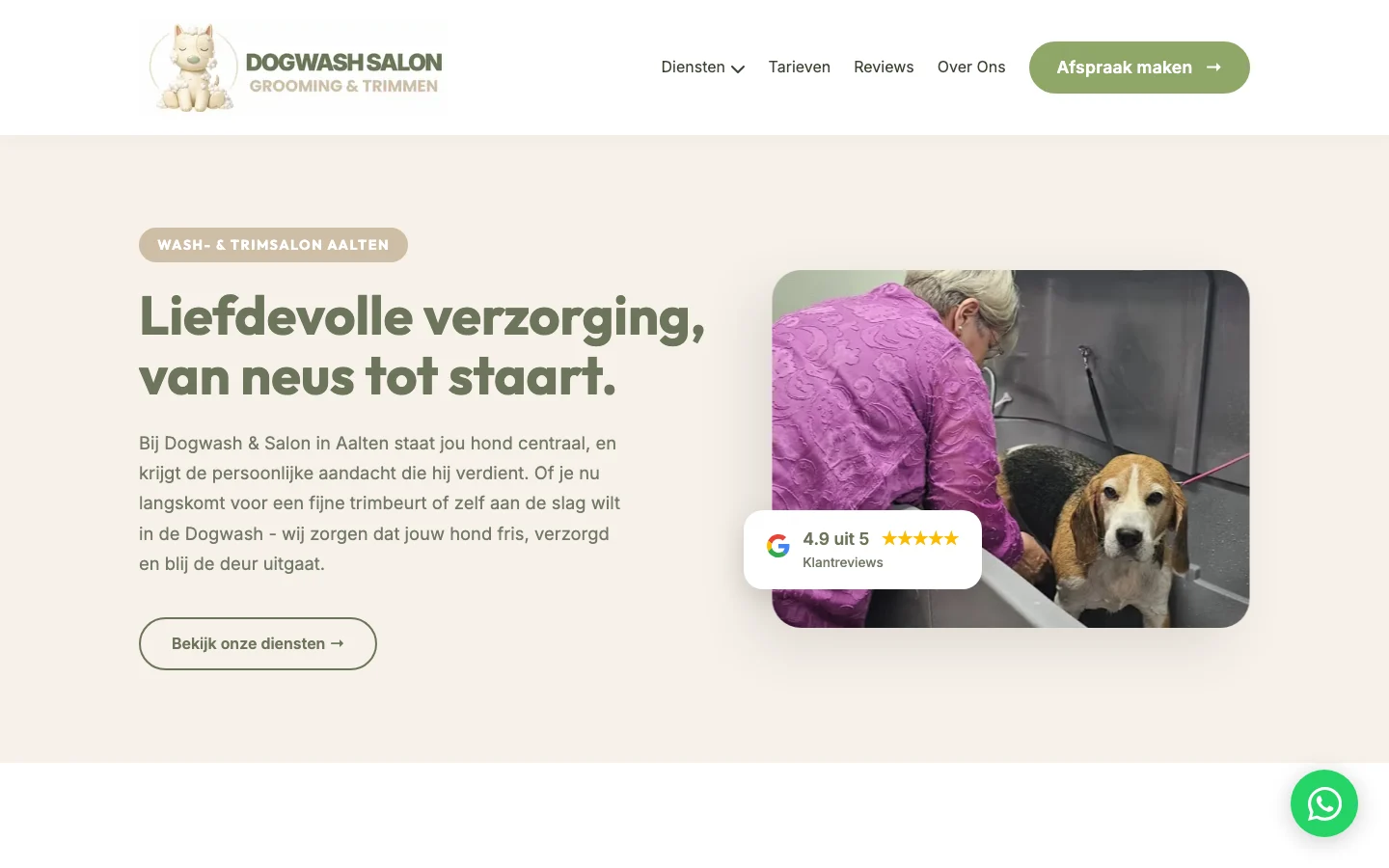 Website van Dogwash & Salon op desktop
