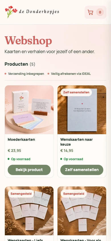 De webshop bekijken op de mobiele website van De Donderkopjes