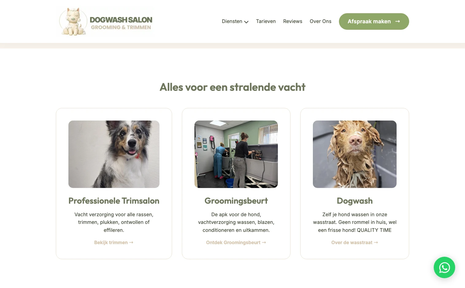 De behandelingen bekijken op de desktopwebsite van Dogwash & Salon