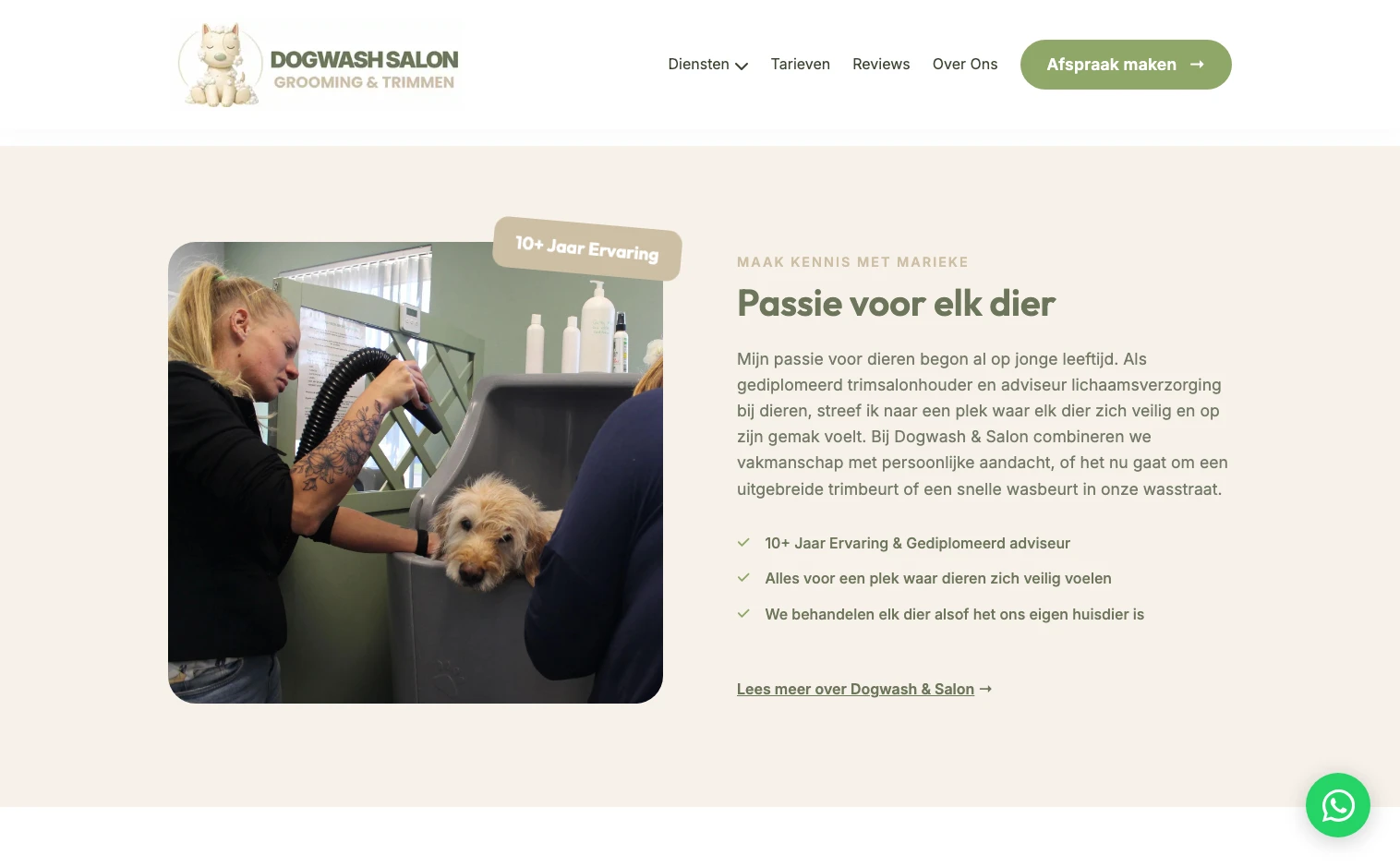 Kennismaken met Marieke op de desktopwebsite van Dogwash & Salon