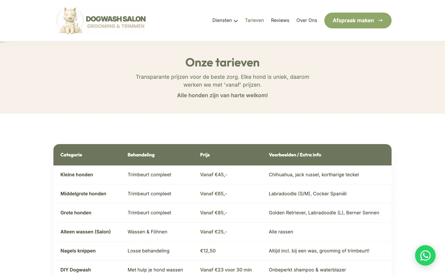 De tarieven bekijken op de desktopwebsite van Dogwash & Salon