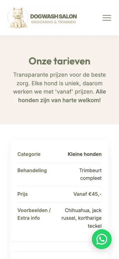 De tarieven bekijken op de mobiele website van Dogwash & Salon