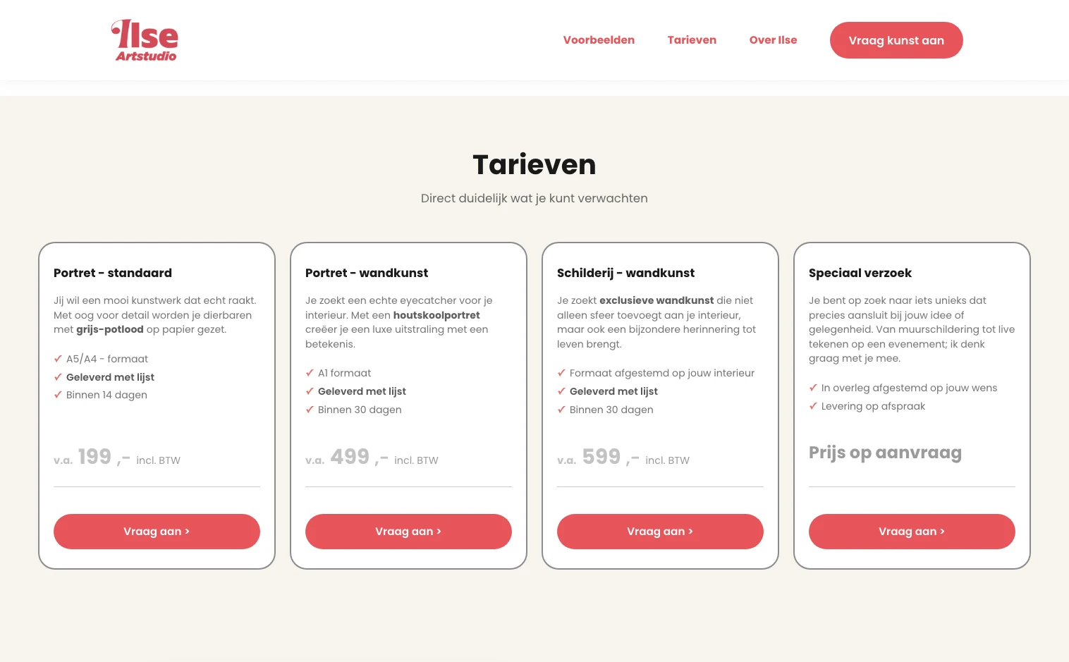 Een uitvoering kiezen op de desktopwebsite van Ilse Artstudio